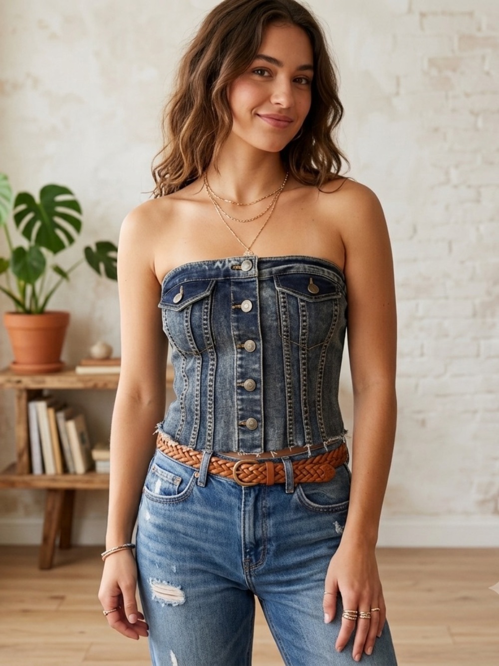 SO Denim Corset Tube Top Button Front Smocked Back Medium